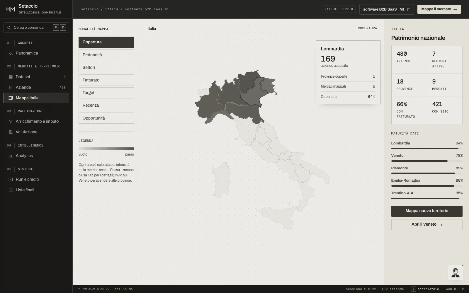 Dashboard Setaccio: mappa di copertura