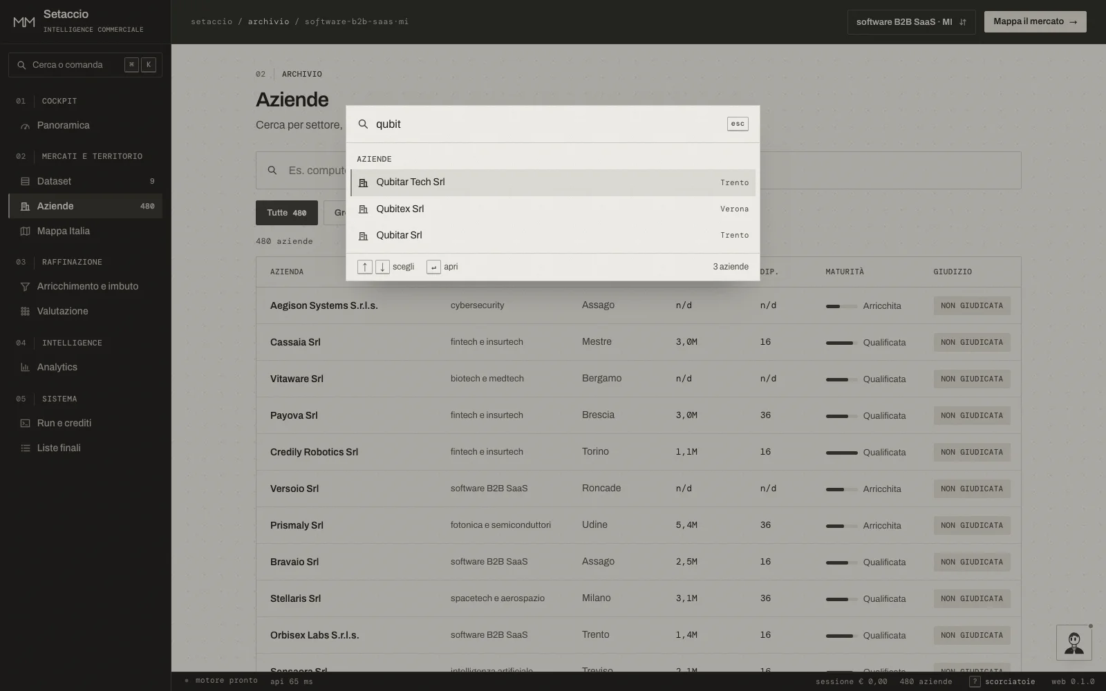 Dashboard Setaccio: palette comandi ⌘k